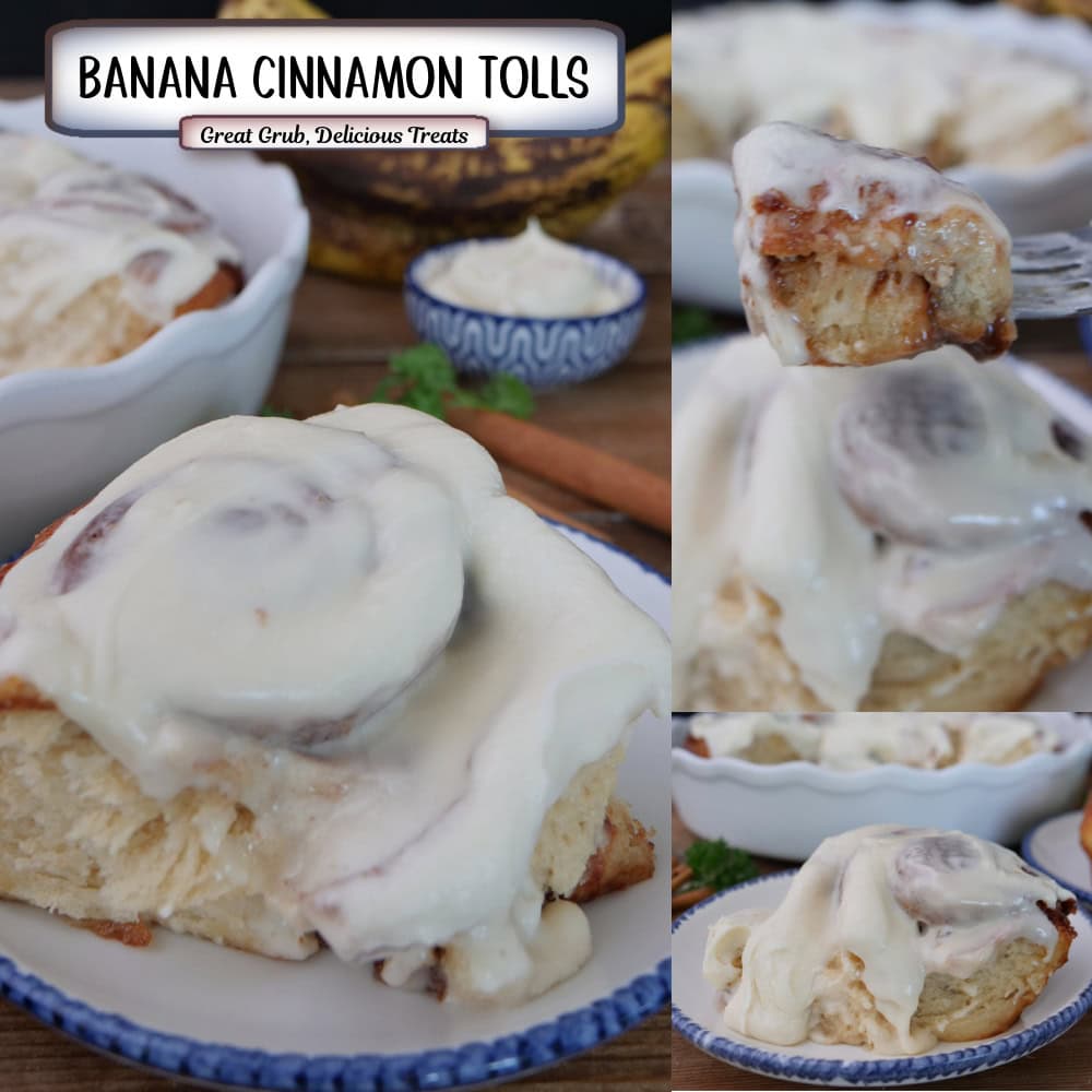 A three panel image collage of homemade banana cinnamon rolls with cream cheese frosting, with a title overlay at the top.