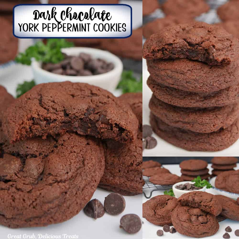 A three panel image collage of dark chocolate York Peppermint cookies with a title overlay at the top.