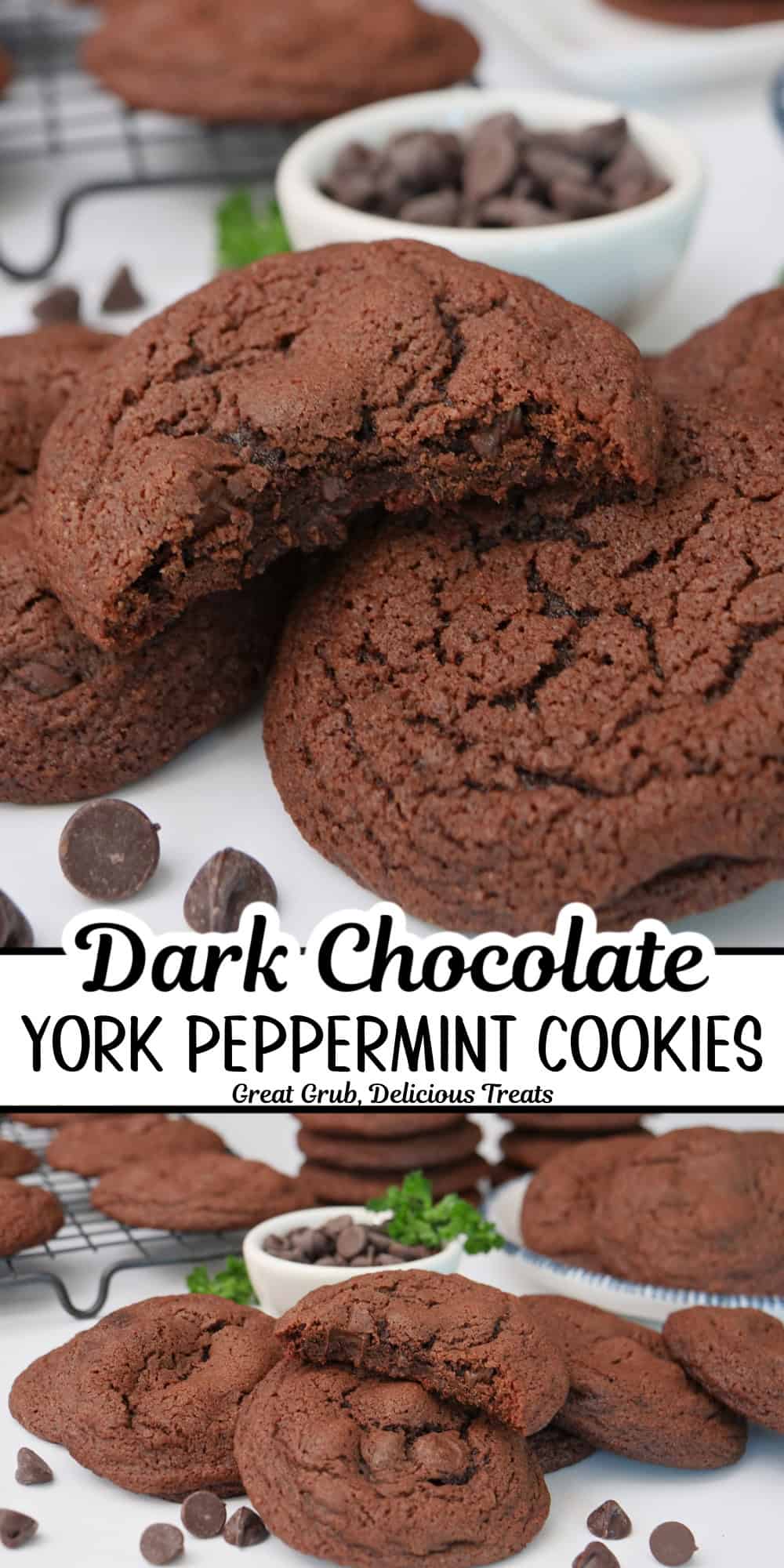 A two panel image collage of dark chocolate York peppermint cookies, with a title overlay in the center.