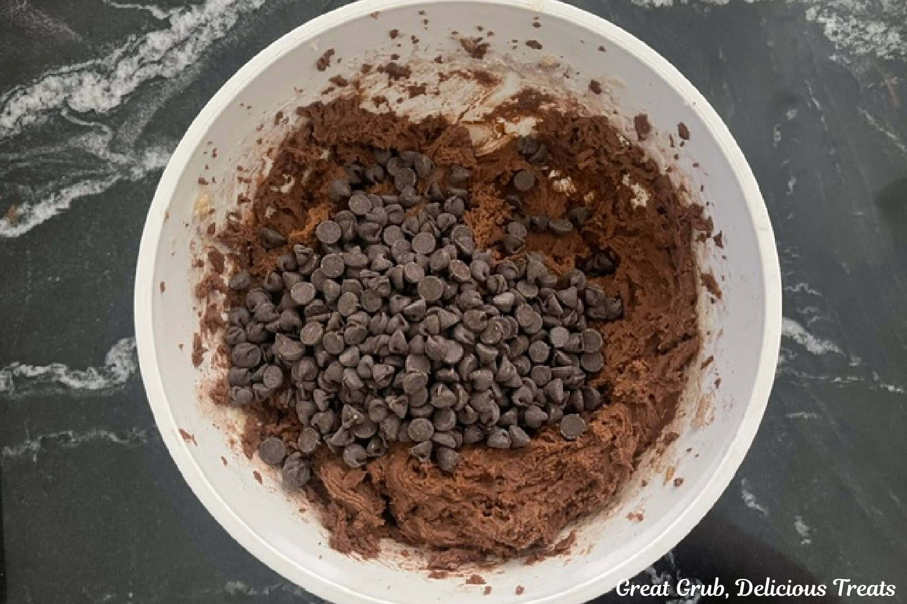 dark chocolate cookie dough batter with York Peppermint chips added.