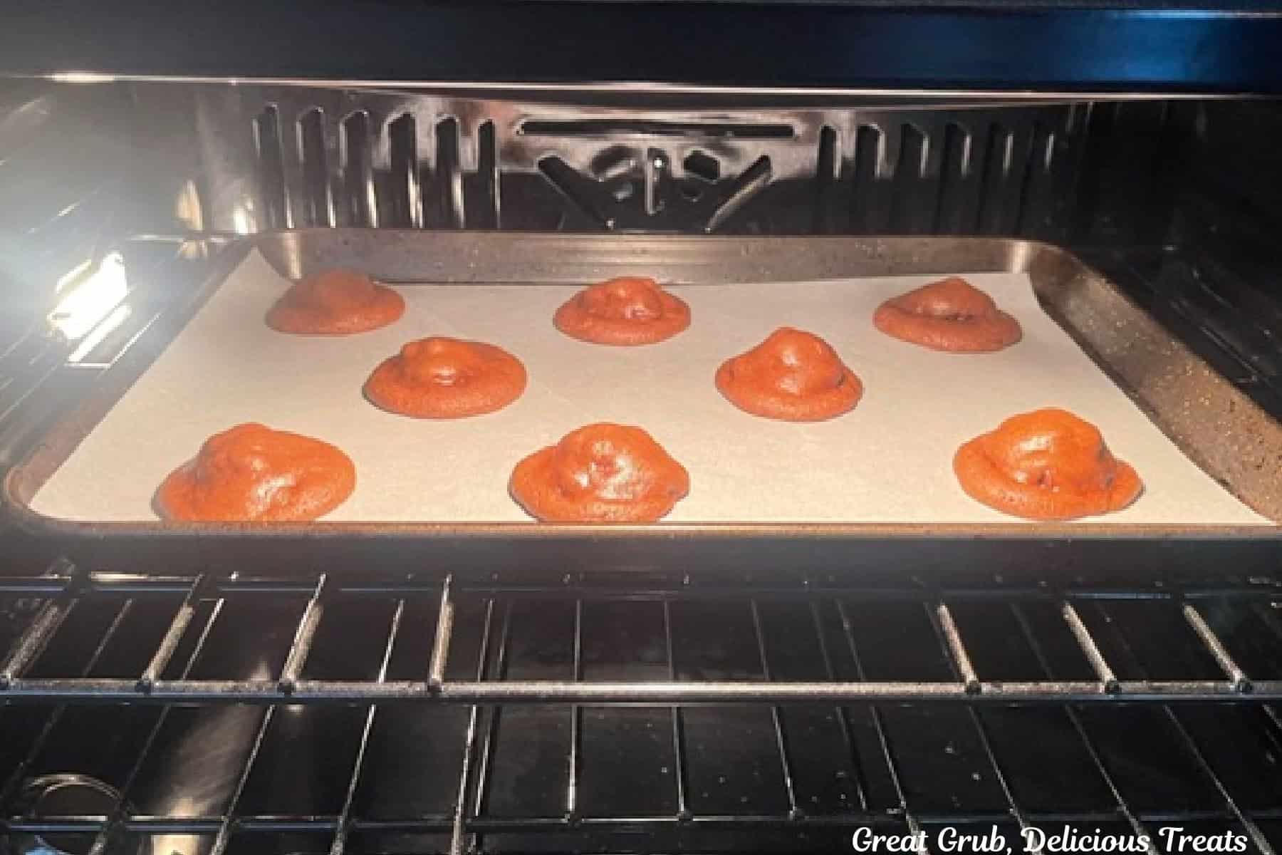 A baking sheet in the oven with eight chocolate cookies on it baking.