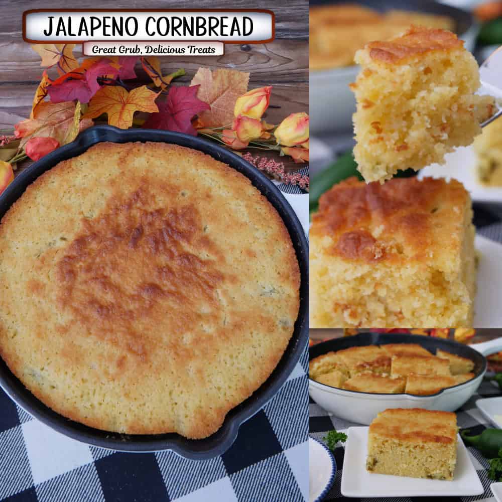 A three panel image collage of homemade jalapeno cornbread in a round cast iron skillet with fall foliage in the background.