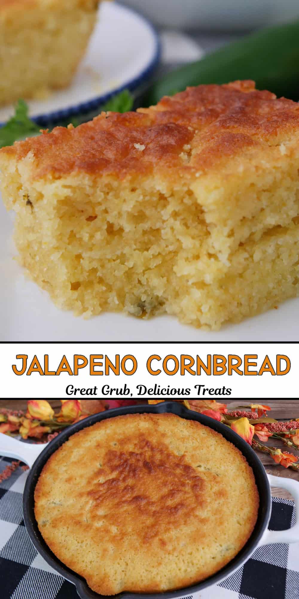 A two panel image collage of jalapeno cornbread and a title overlay in the center.