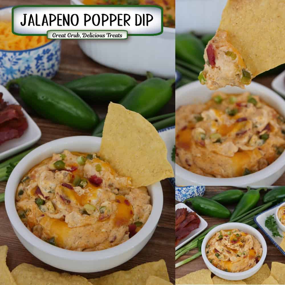 A three panel image collage of jalapeno popper dip with a title overlay at the top.
