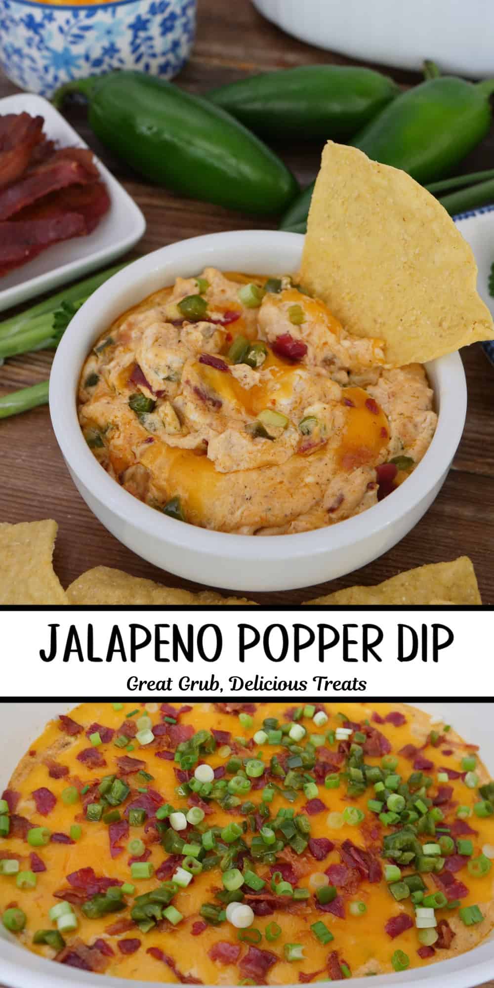 A two panel image collage of jalapeno popper dip in a white bowl with a title overlay in the center.