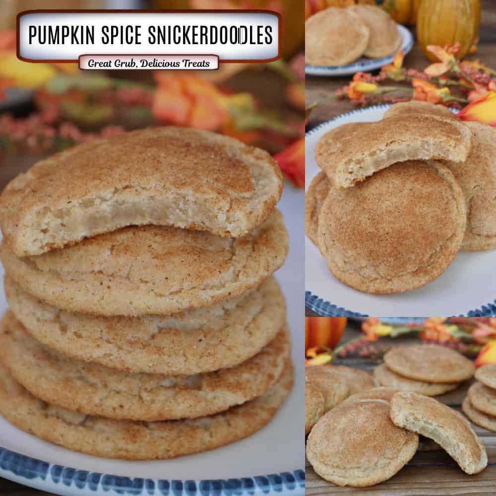 A three panel image collage of pumpkin spice snickerdoodle cookies with a title overlay at the top.