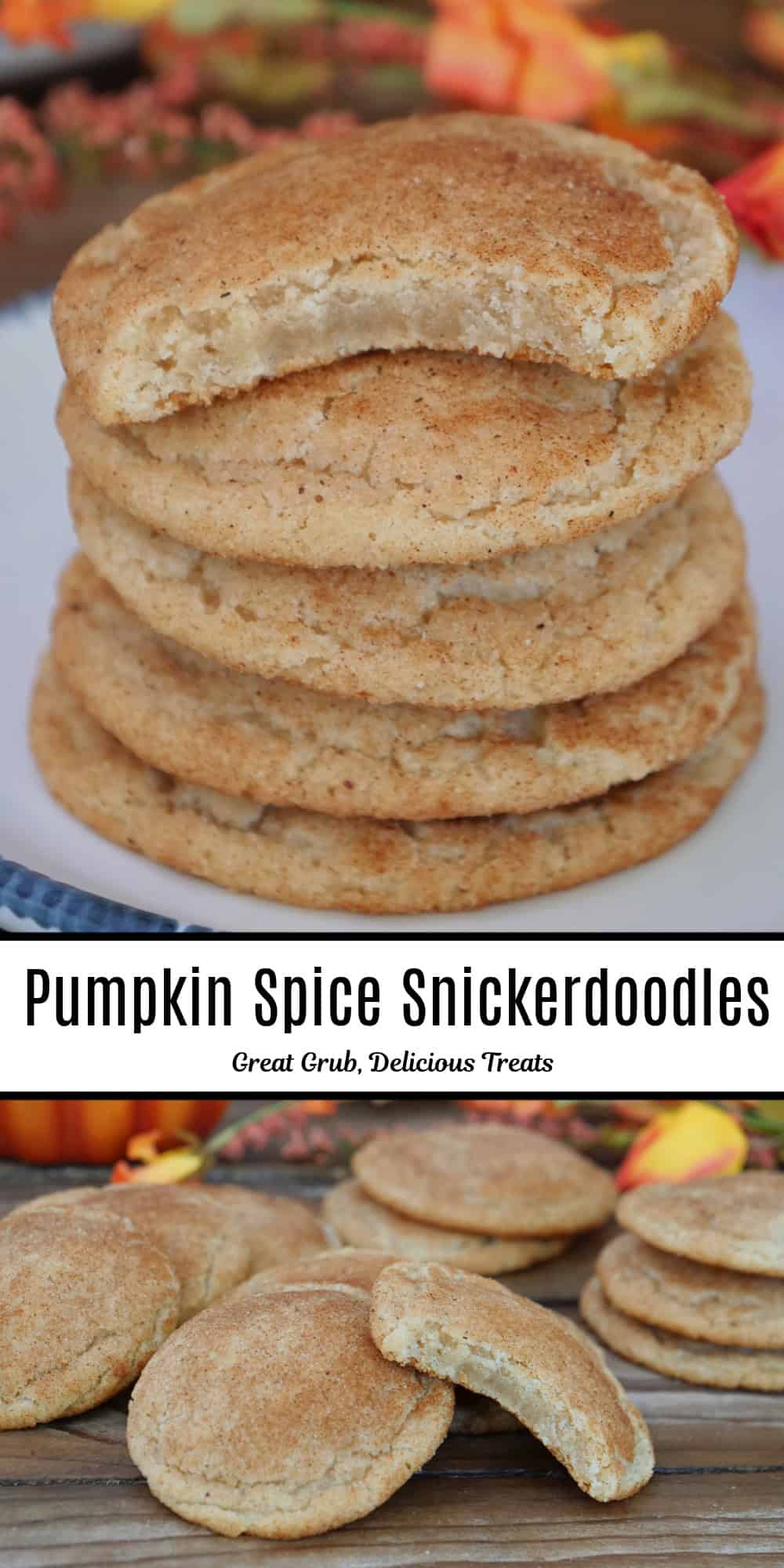 A two panel image collage of pumpkin spice snickerdoodles, and a title overlay in the center.
