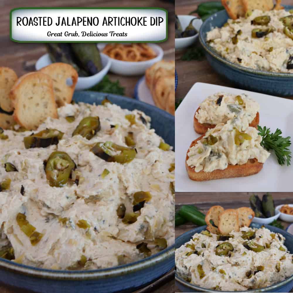 A three panel image collage of roasted jalapeno artichoke dip with a title overlay at the top.