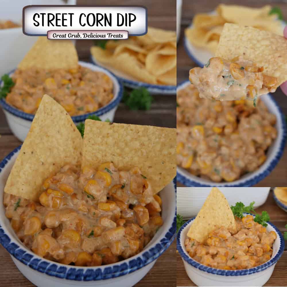 A three panel image collage of street corn dip with a title overlay at the top.