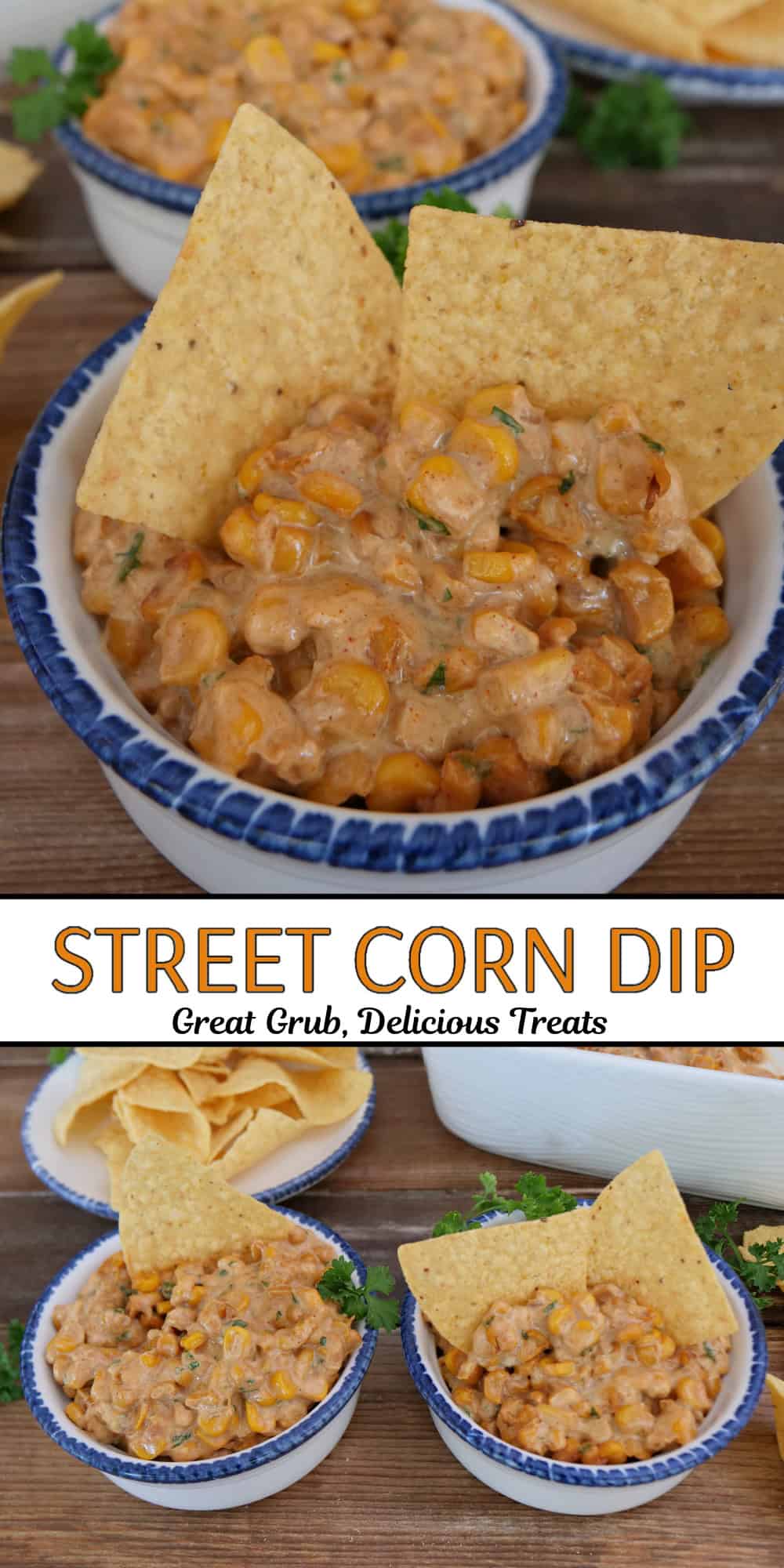A two panel image collage of street corn dip in white bowls with blue trim with a title overlay in the middle of the two photos.